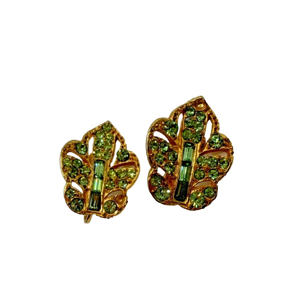 Vintage Gold Tone Peridot Green Rhinestone Leaf Clip On Earrings Mid Century